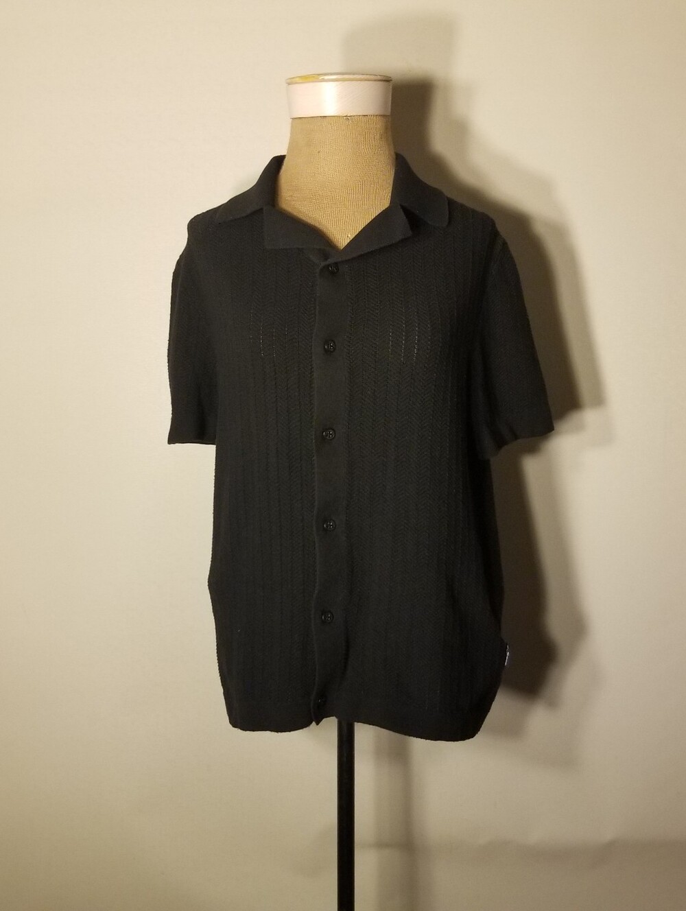 Men's Ben Sherman Black Textured Herringbone Knit Shirt Size Small